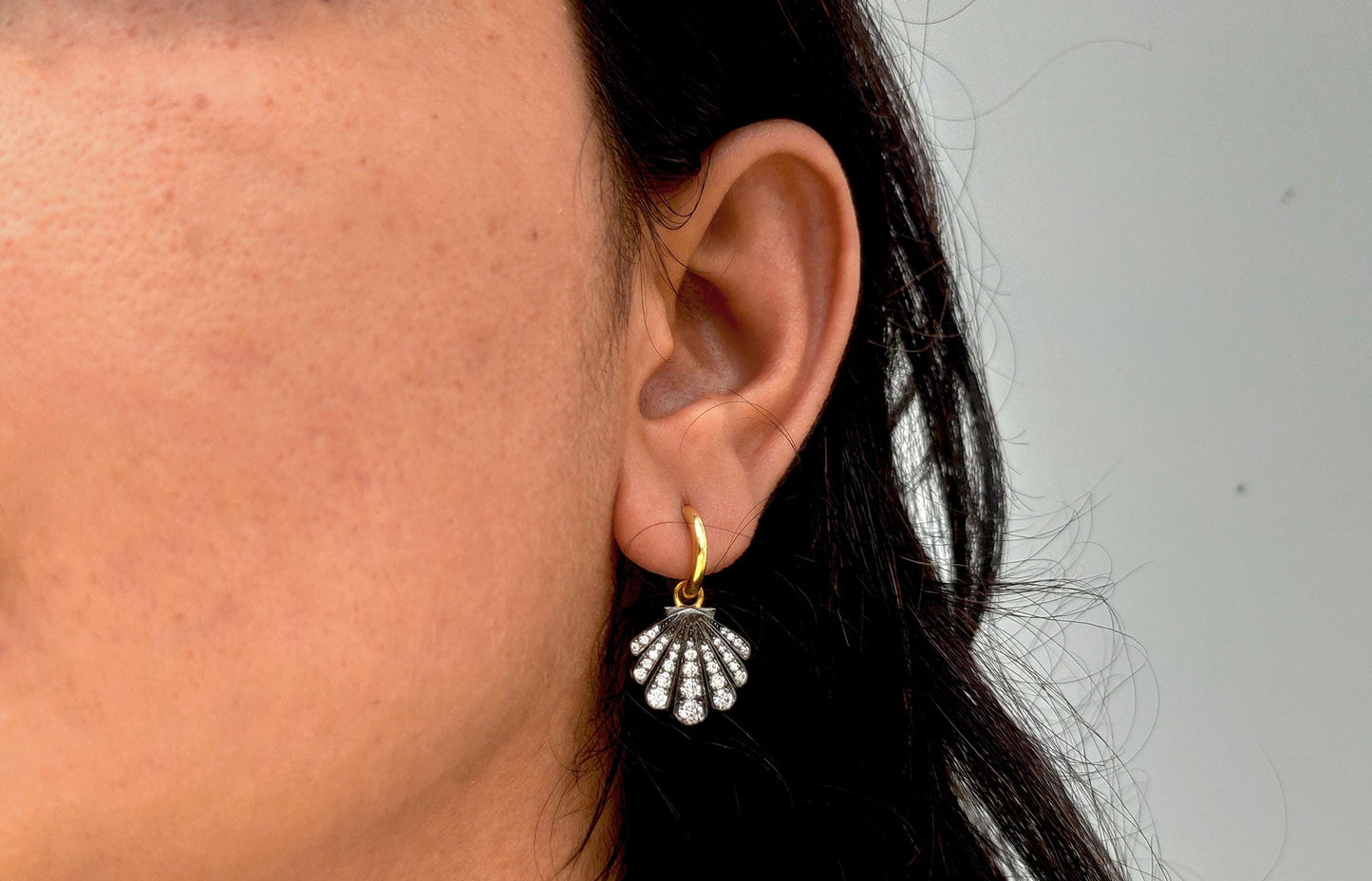 Lab grown diamond Shell shaped Georgian cut down button back set earrings, Huggie for women, earrings for women