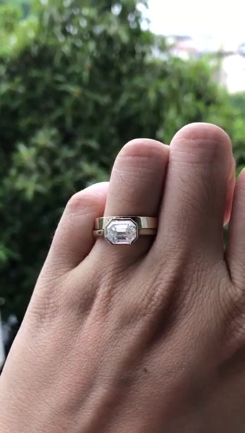 Emerald Cut Moissanite Bezel Engagement solitaire ring without band, right hand ring, statement moissanite ring, ring for women