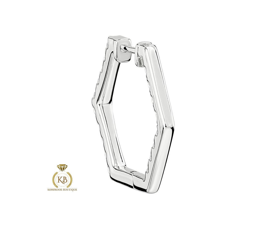 Pave Moissanite Inside Out Hexagon Hoops Geometric Huggie available in Silver, 18k\14k\10k White\Yellow\Rose Gold and Platinum