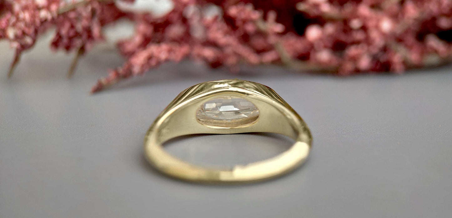 Elongated Step cut Moval Cut Moissanite Signet style ring, engagement ring ,Ring for women, ring for her, pinky finger right hand ring.