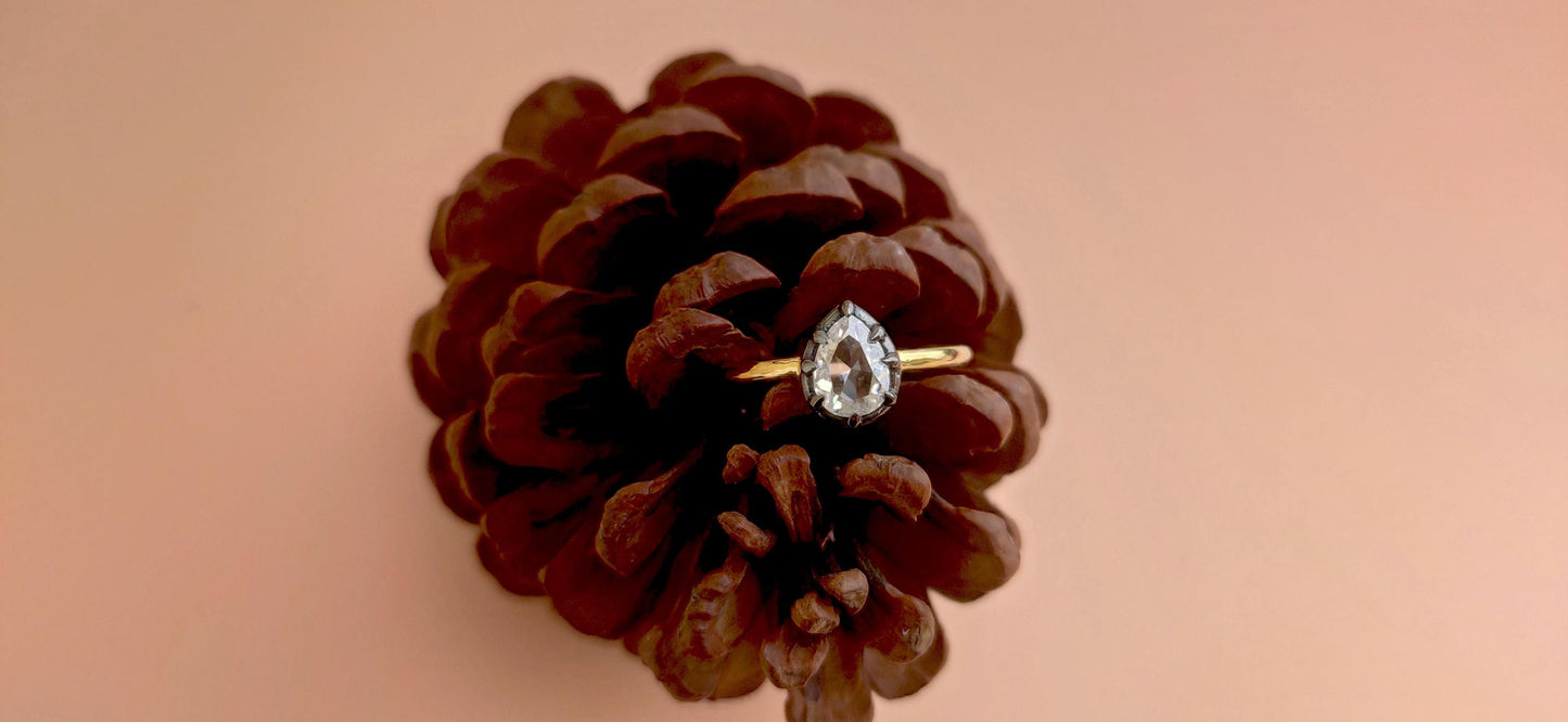 Rose Cut Pear Moissanite Collet set Ring, Georgian cut down set art deco ring, Gift Ring for her, Edwardian ring, Blackened gold ring
