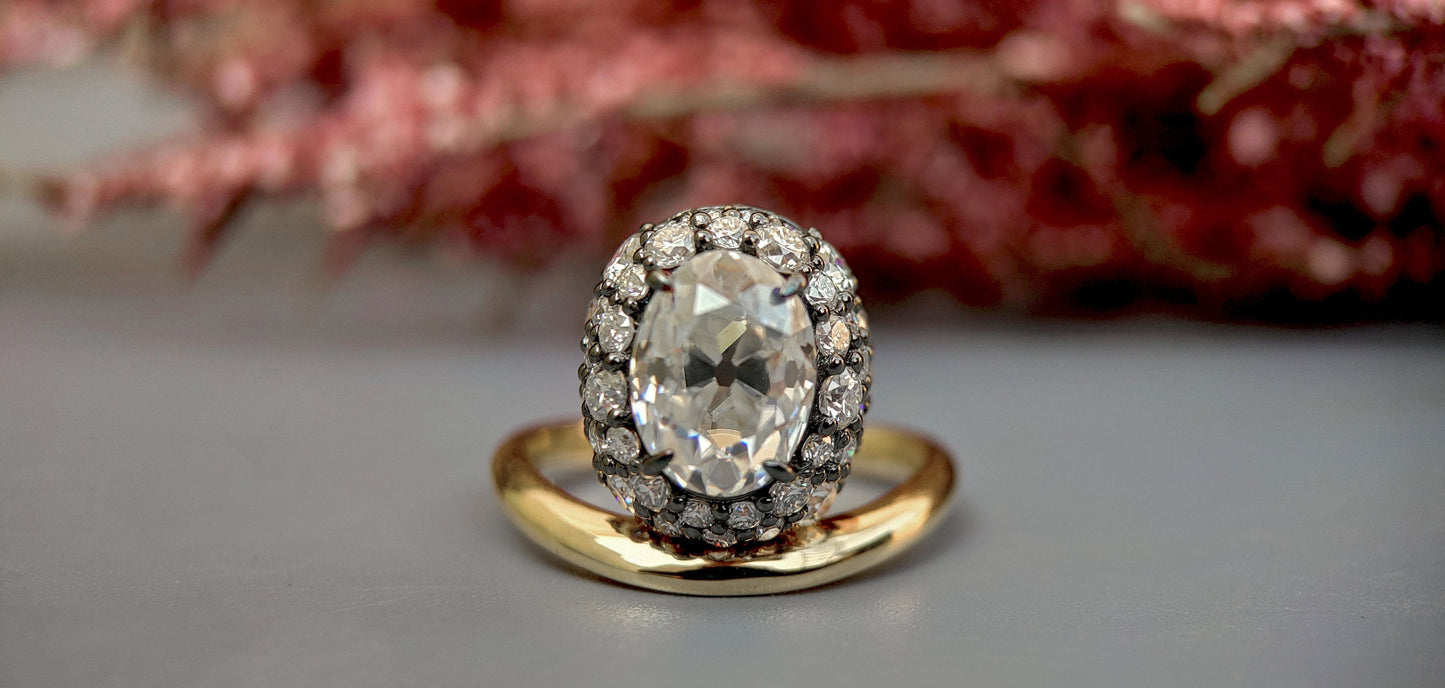 Floating Old mine cut Oval Halo set Georgian Moissanite Solitaire Engagement ring, Ring for her, right hand ring, Vintage Pave basket ring