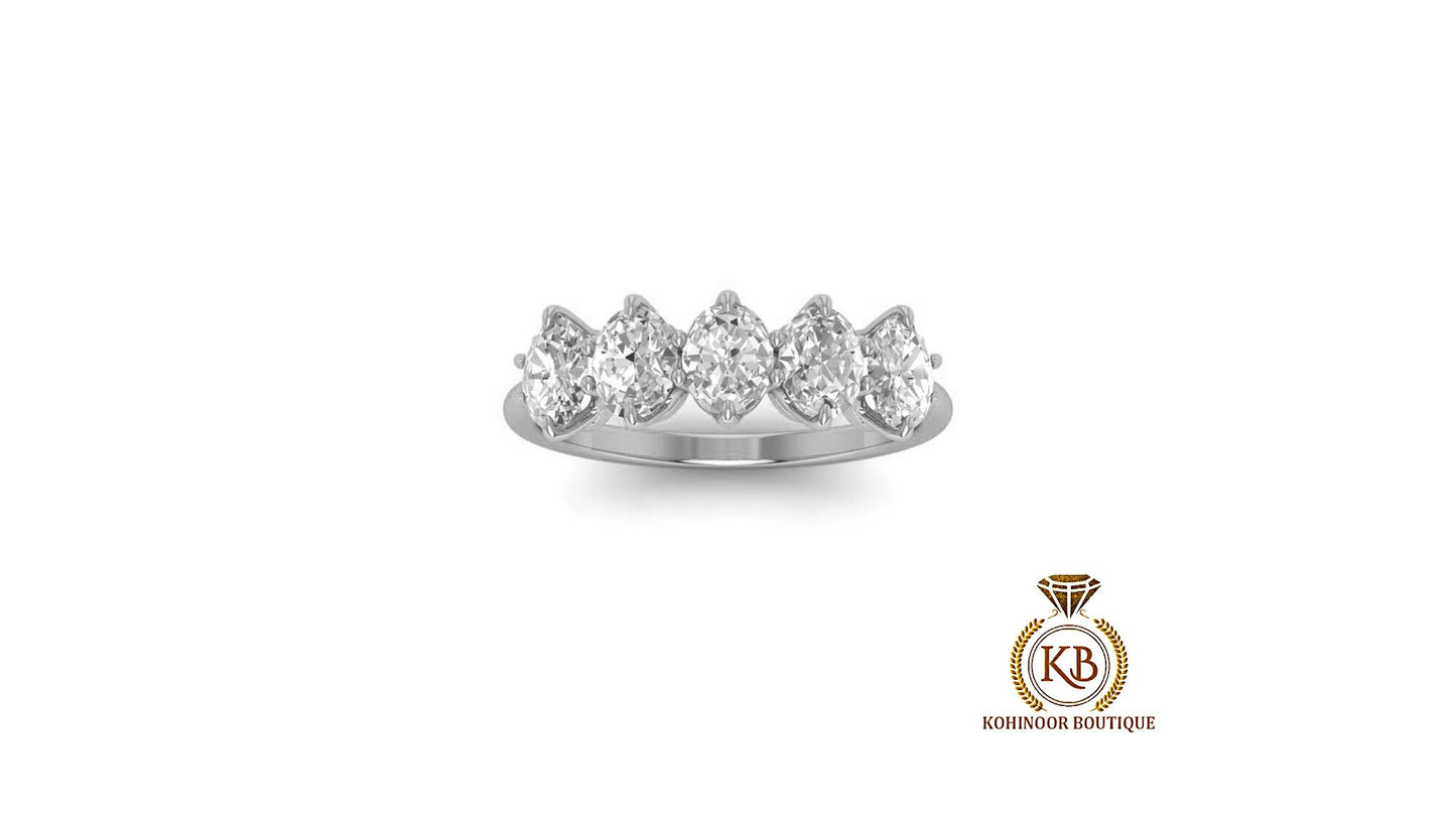 Oval 5-Stone Moissanite Vintage Anniversary band, gift for wife, Wedding Band, Ring for her, Half eternity ring.