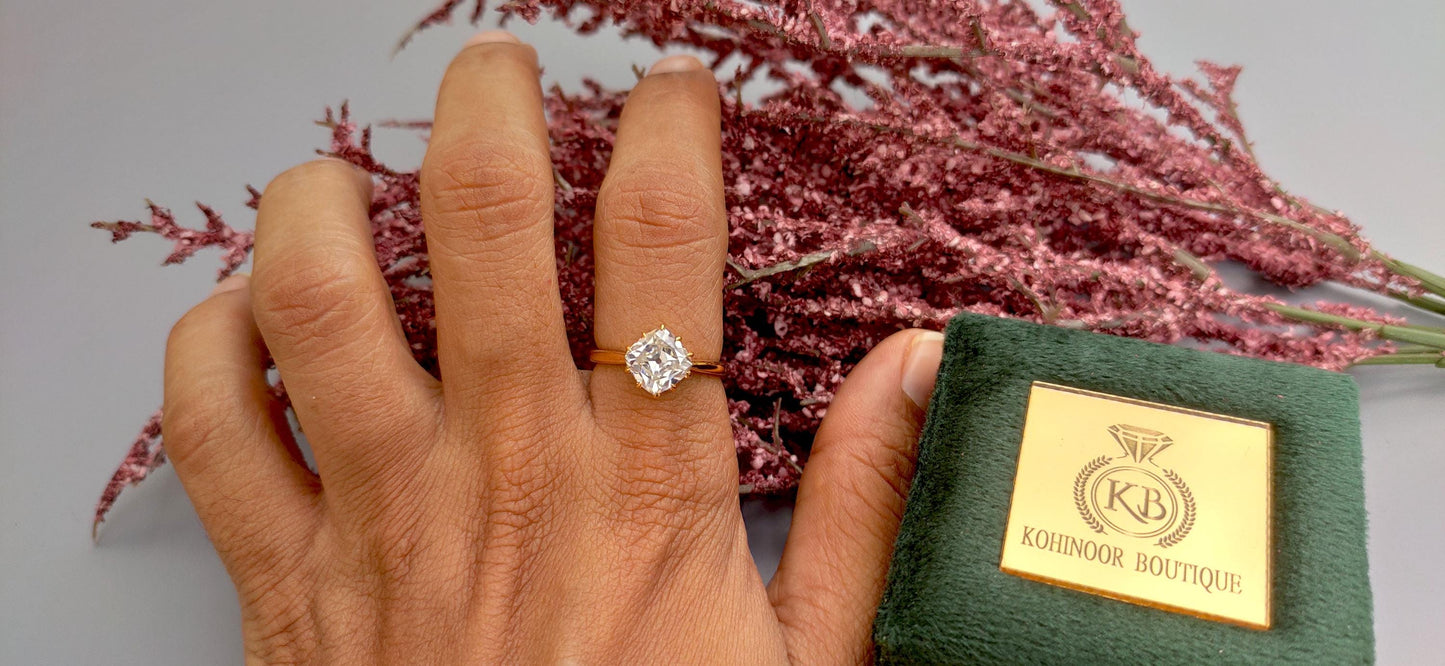 Old Mine Cut OMC Kite set Cushion Moissanite Solitaire Engagement Ring, Ring for her, Vintage ring for women, right hand ring