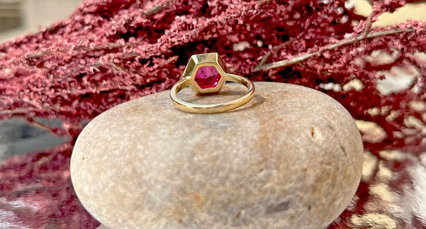 Pink Lab Sapphire Hexagon shaped Bezel set Georgian cut down set Solitaire Engagement ring Promise Ring for Modern Brides, ring for her