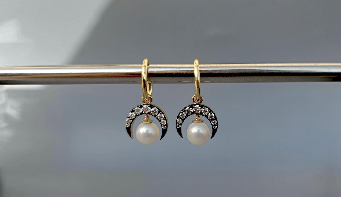 Half moon Moissanite button back Georgian cut down Huggie,2 in 1  statement earring, blackened gold earrings.