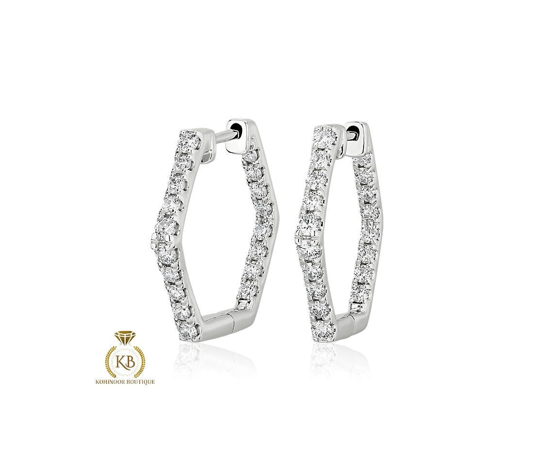 Pave Moissanite Inside Out Hexagon Hoops Geometric Huggie available in Silver, 18k\14k\10k White\Yellow\Rose Gold and Platinum