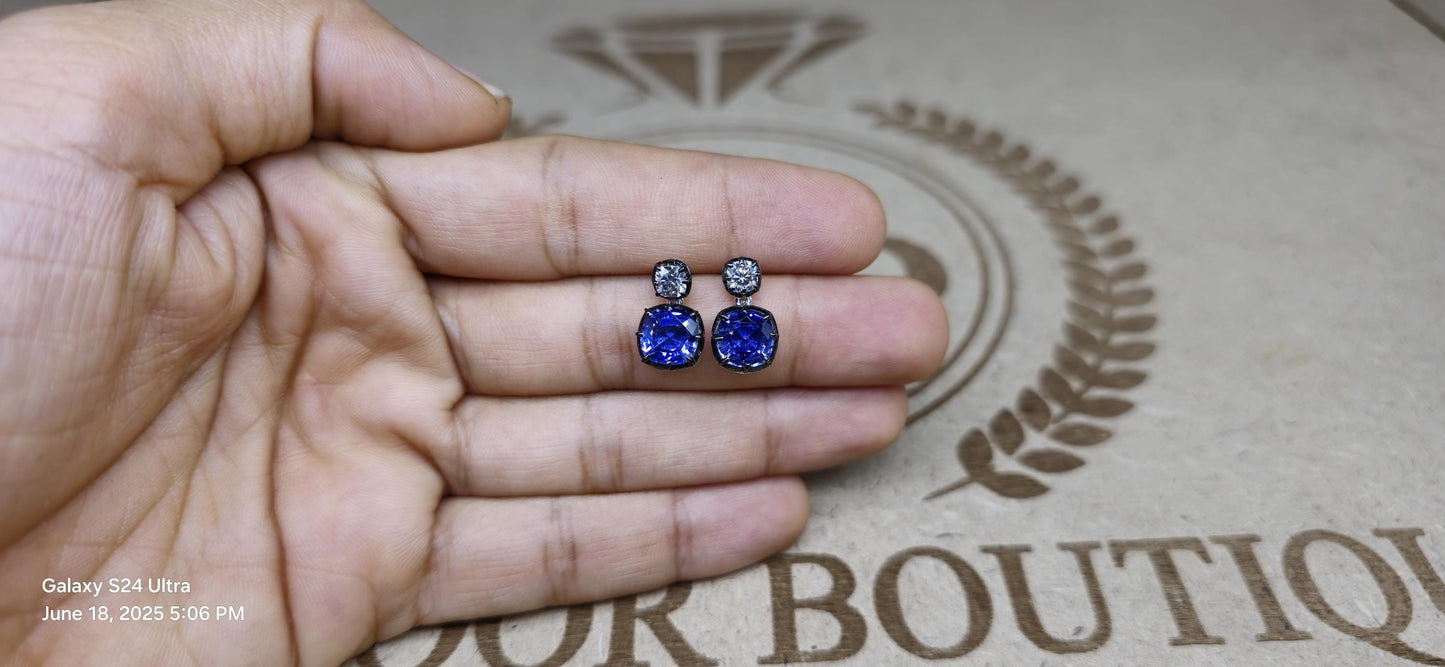 Georgian cut down button back set cushion moissanite and lab grown sapphire earrings, Earrings for women