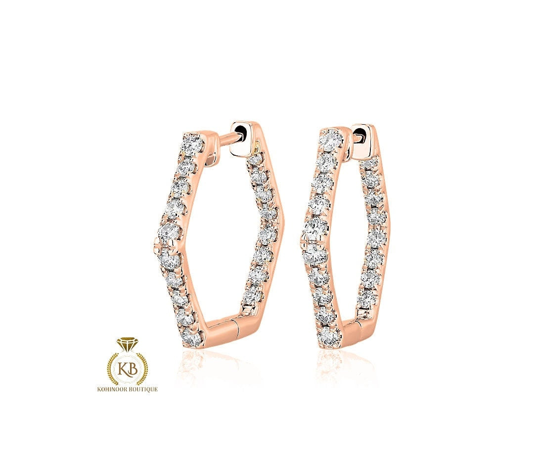 Pave Moissanite Inside Out Hexagon Hoops Geometric Huggie available in Silver, 18k\14k\10k White\Yellow\Rose Gold and Platinum