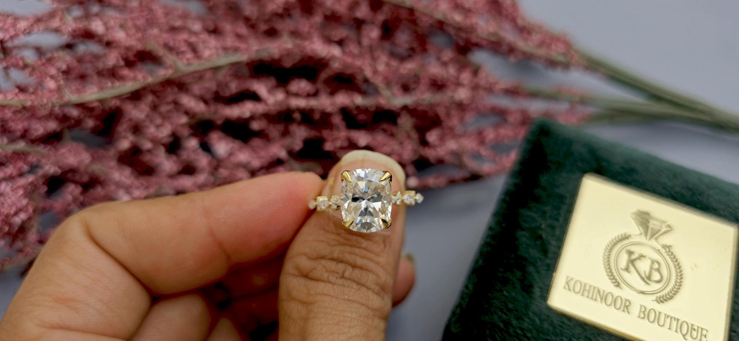 Elongated Cushion Cut Moissanite Tulip basket set with side marquise pave on band Engagement Ring, Proposal ring, ring gift for her