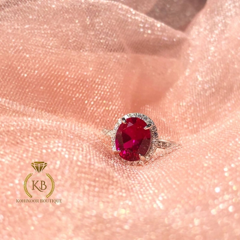 Lab grown Oval Rose Cut Ruby & Round Moissanite halo with side pave Engagement Ring, Rings for women.
