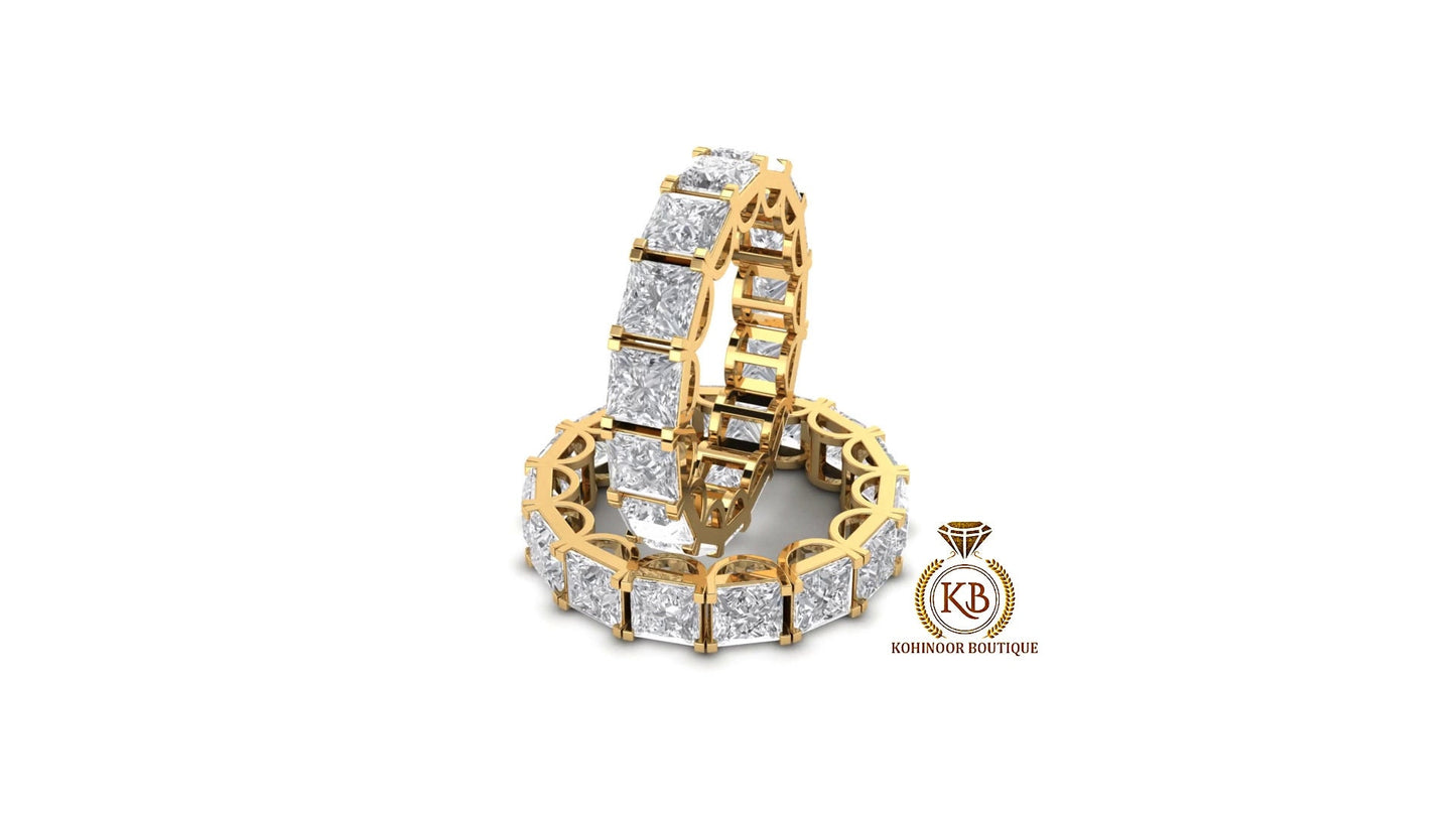 Princess Cut Moissanite Half\Full Eternity Infinity statement wedding band, Bridal stackable ring in White\Yellow\Rose Gold