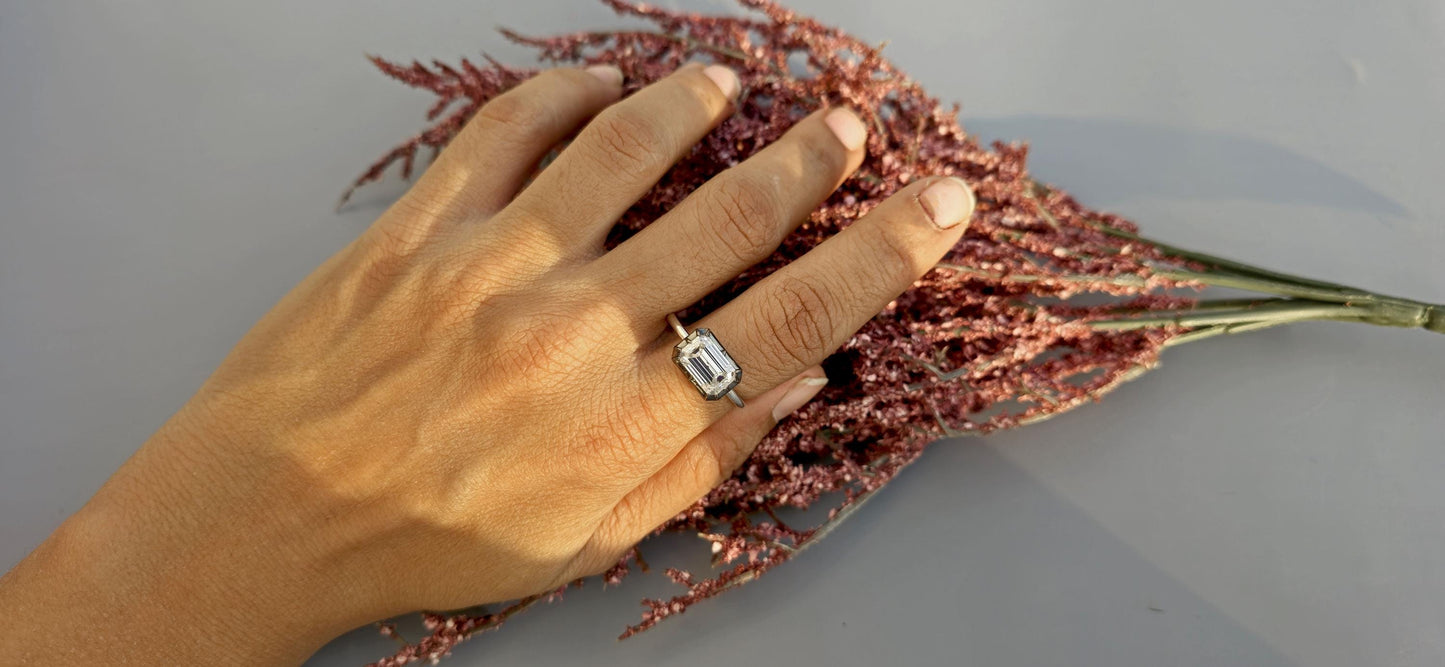 Lab grown East West set Elongated Emerald Cut Georgian cut down button back solitaire engagement ring, ring for her, ring for women