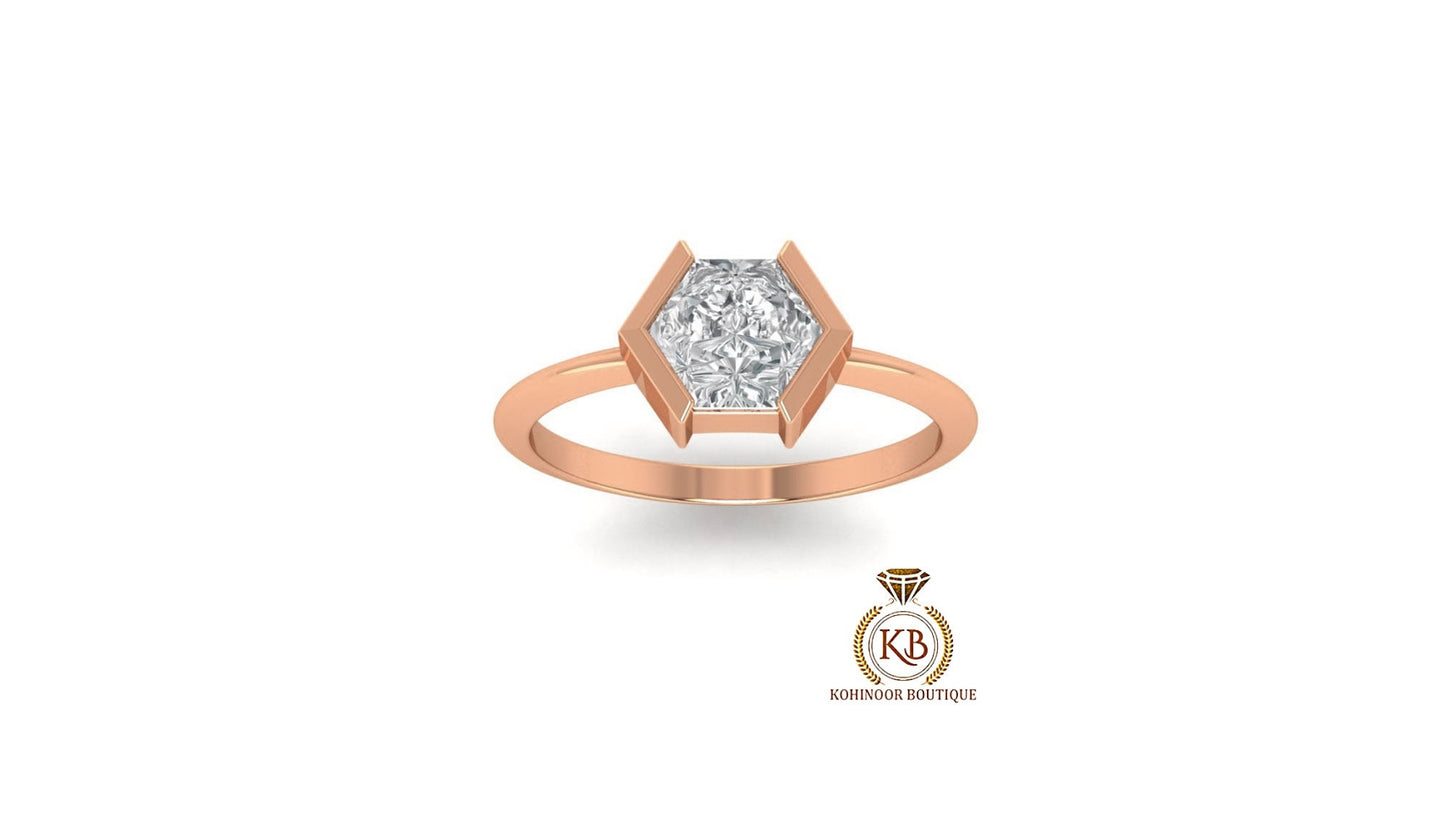 Hexagon shaped Half Bezel set Solitaire Knife edge Moissanite Engagement ring, Promise ring, Proposal ring, Ring gift for wife.