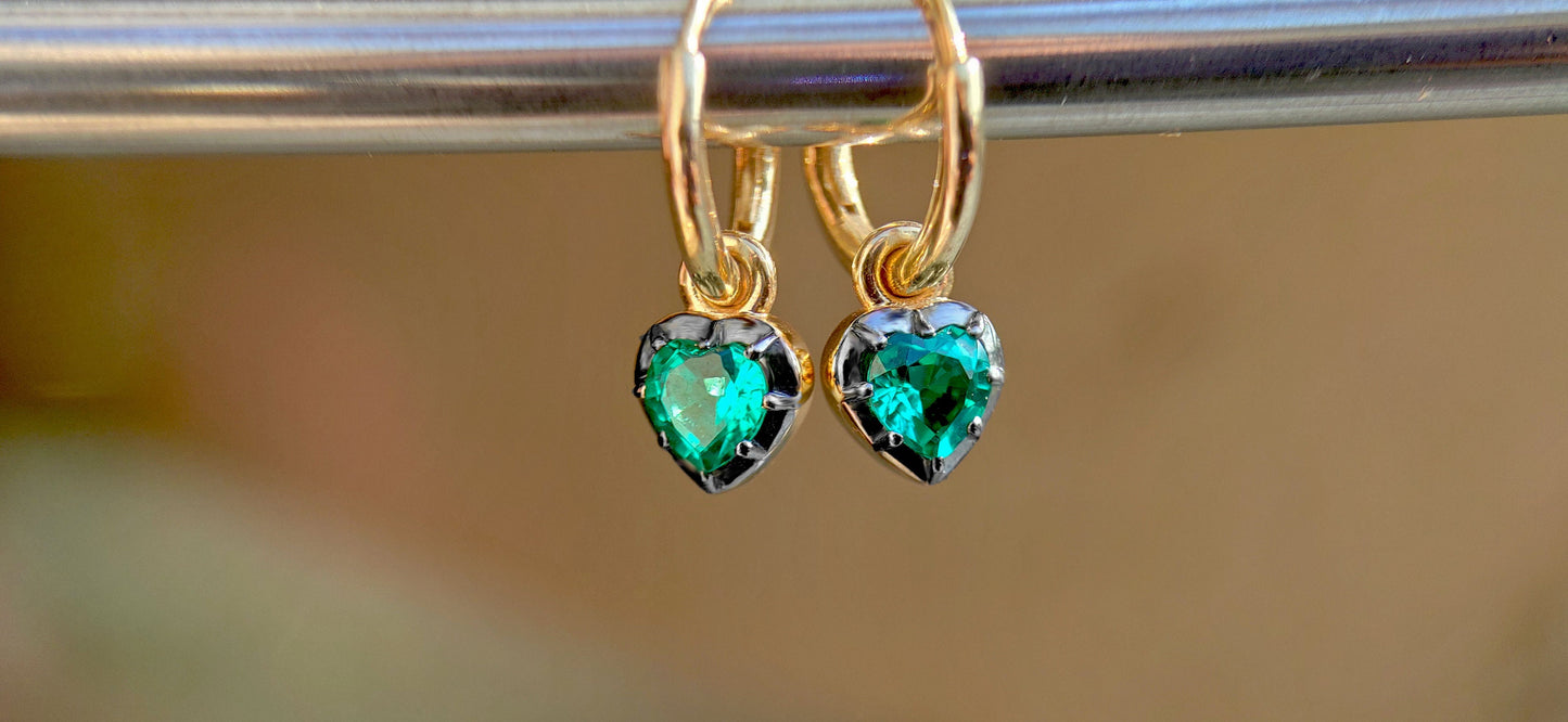 Heart Shaped Emerald button back Georgian cut down Gypset, Emerald Hoops, statement earring, blackened gold earrings.