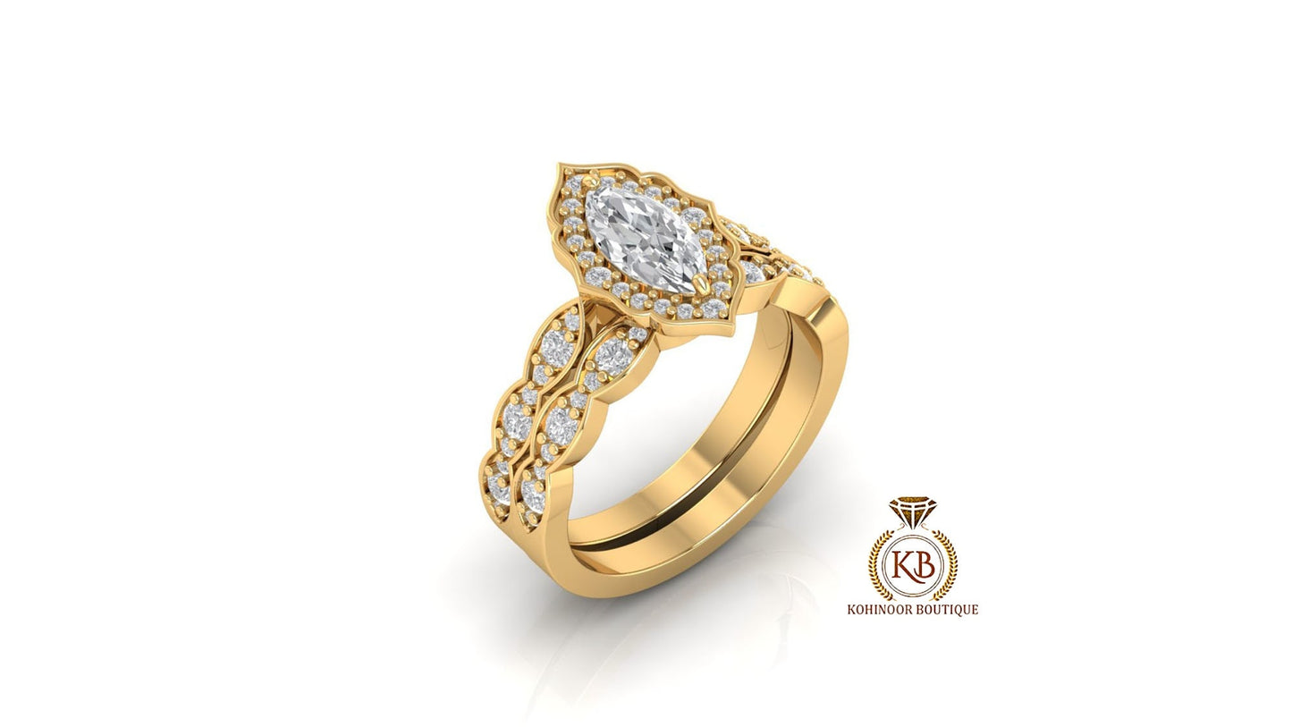 Marquise Cut Halo Vintage Moissanite Engagement Ring, Wedding Bridal Set, Anniversary gift for wife, Ring for women