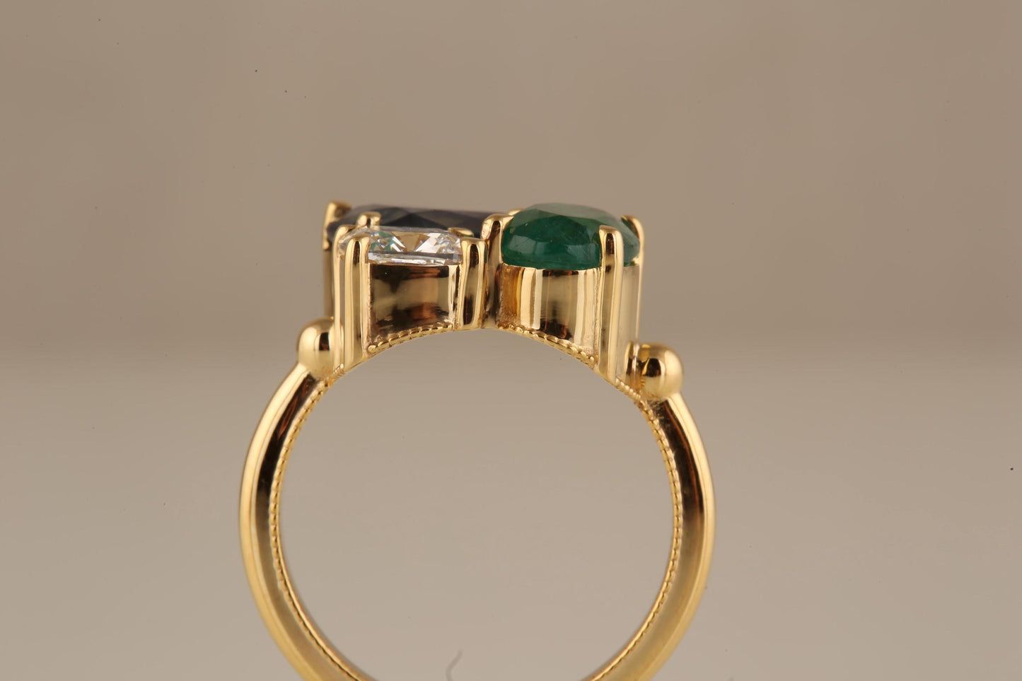 Natural Emerald Oval, Natural Sapphire Pear and Lab grown Cushion Diamond Trilogy 3 stone Engagement Ring, Ring for her, Gift for Her