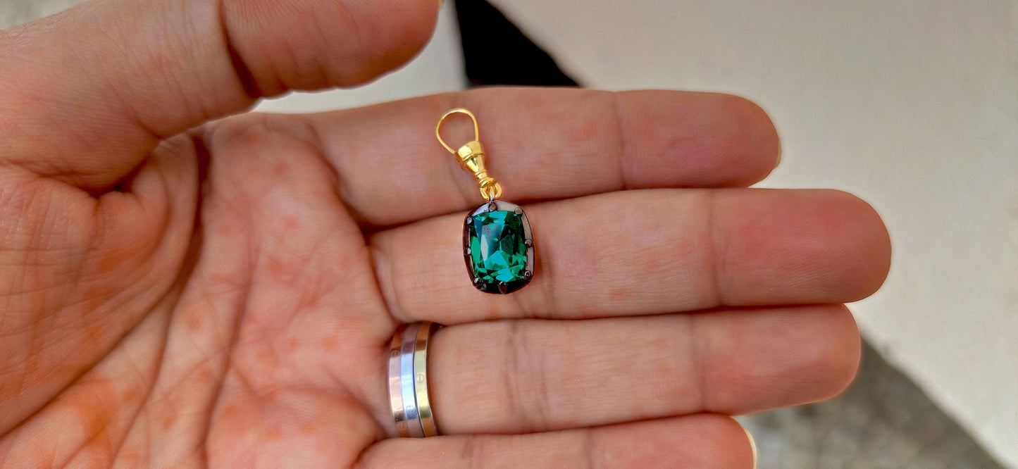 Elongated Old mine cut Cushion Cut Columbian Lab Emerald Pendant,Collet set Georgian cut down set Pendant, Wedding Pendant, Anniversary Gift