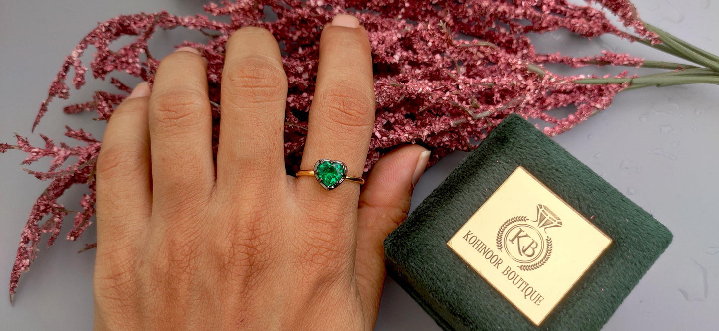 Lab Emerald Heart Cut Georgian cut down button back solitaire engagement ring, ring for her, ring for women, blackened gold stackable ring.