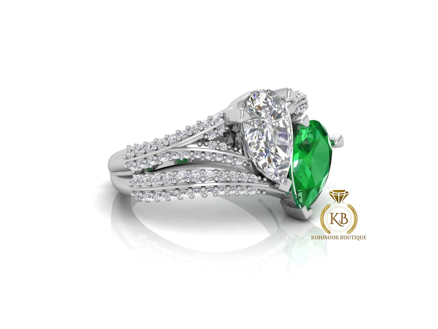 Pear Moissanite & Emerald Toi Et Moi moissanite two stone Engagement Ring, wedding\proposal Ring, gift for her,