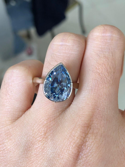 Old Mine Antique OMC Blue Pear Cut Georgian cut down Moissanite Engagement Ring, Tulip Basket ring, Tulip Petal ring, Floral basket ring