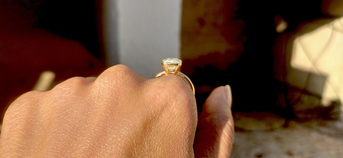 Half Bezel Set Emerald Moissanite Solitaire ring with Knife edge band, Engagement ring for her, ring for women.