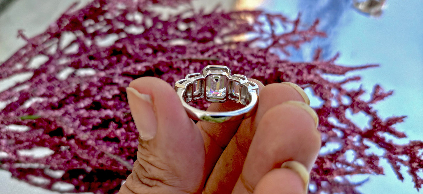Emerald Cut 5 stone Moissanite Engagement ring, 5 stone anniversary band, ring for her, right hand ring