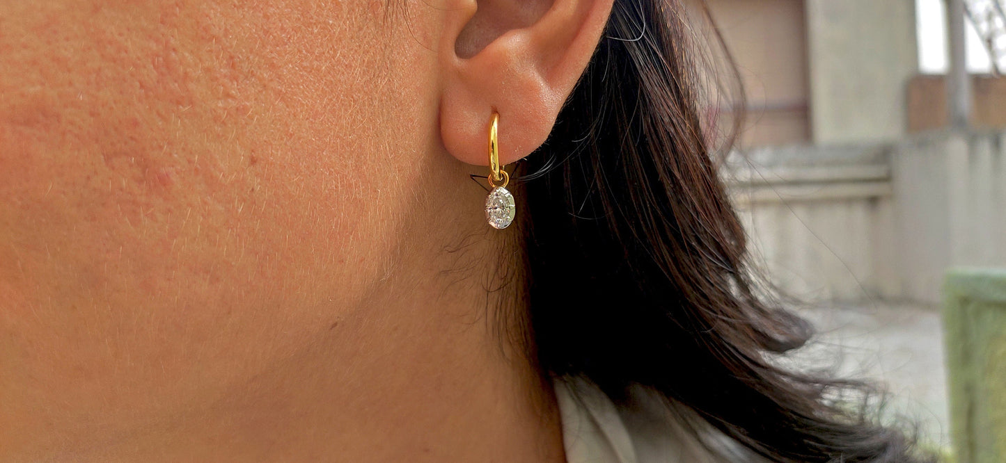 Oval Moissanite button back Georgian cut down Gypset huggie, removable hoops, statement earring, blackened gold earrings.