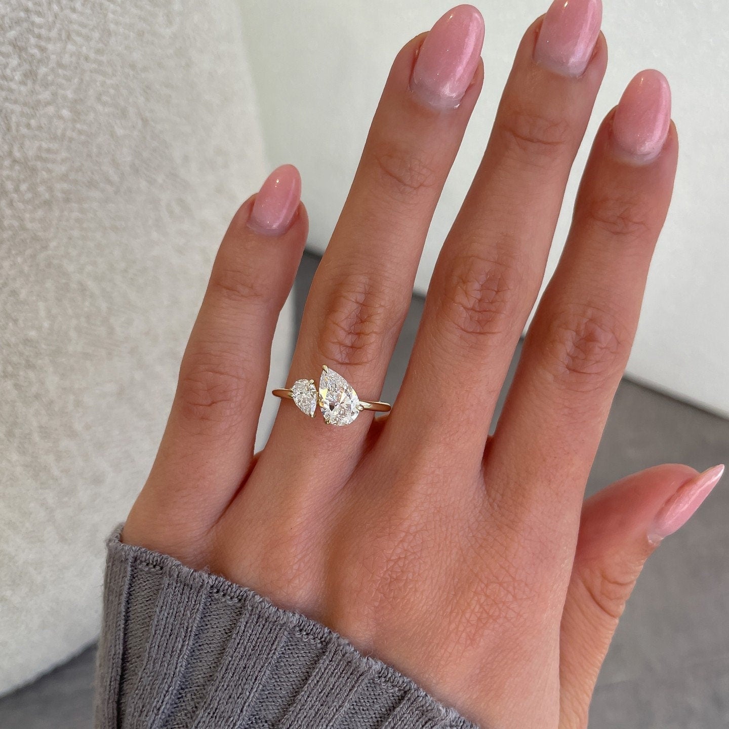 Toi et Moi Big and small Pear Moissanite two stone Engagement ring, Double stone ring, Mother and children ring, forever together