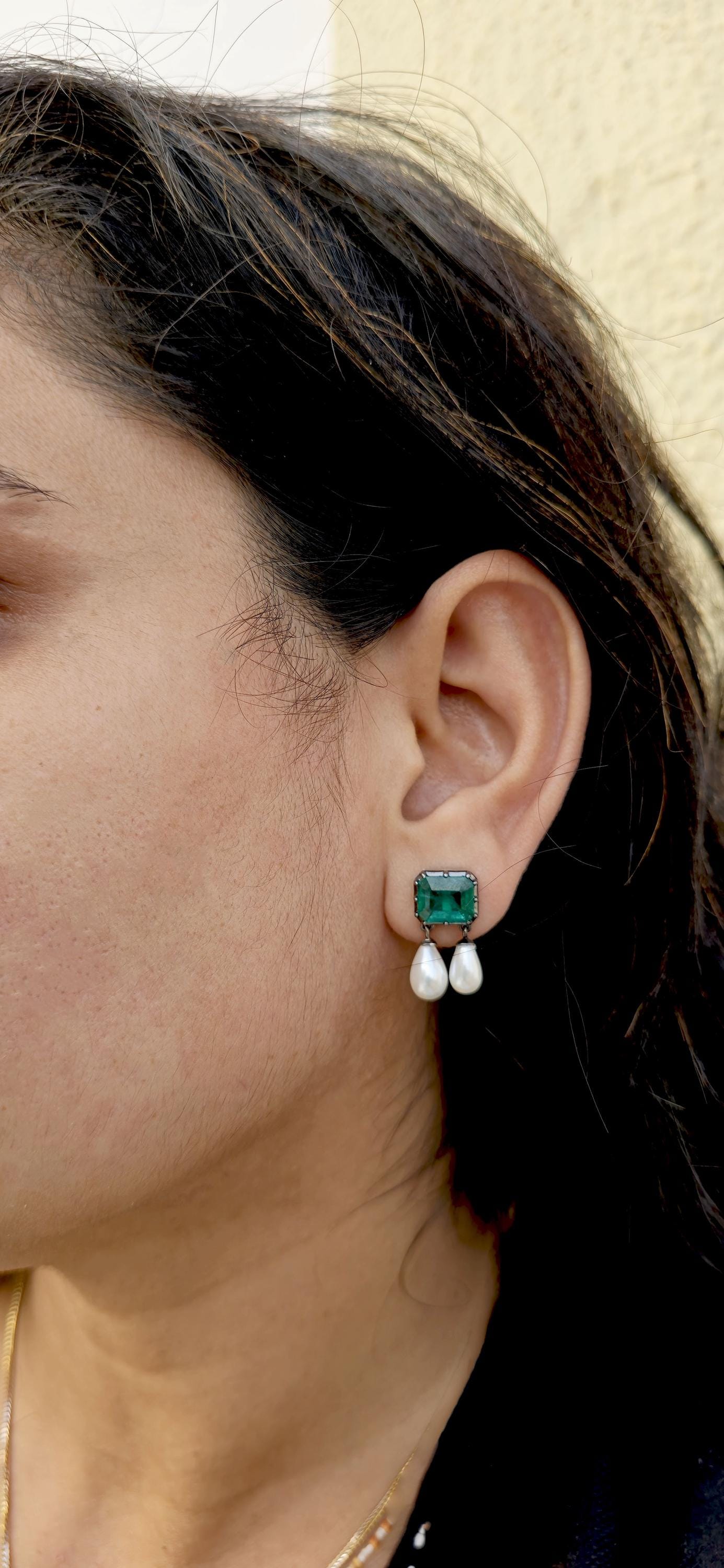 Lab grown Emerald with inclusion Georgian cut down Emerald studs with dangling pearl, statement earring, blackened gold earrings.