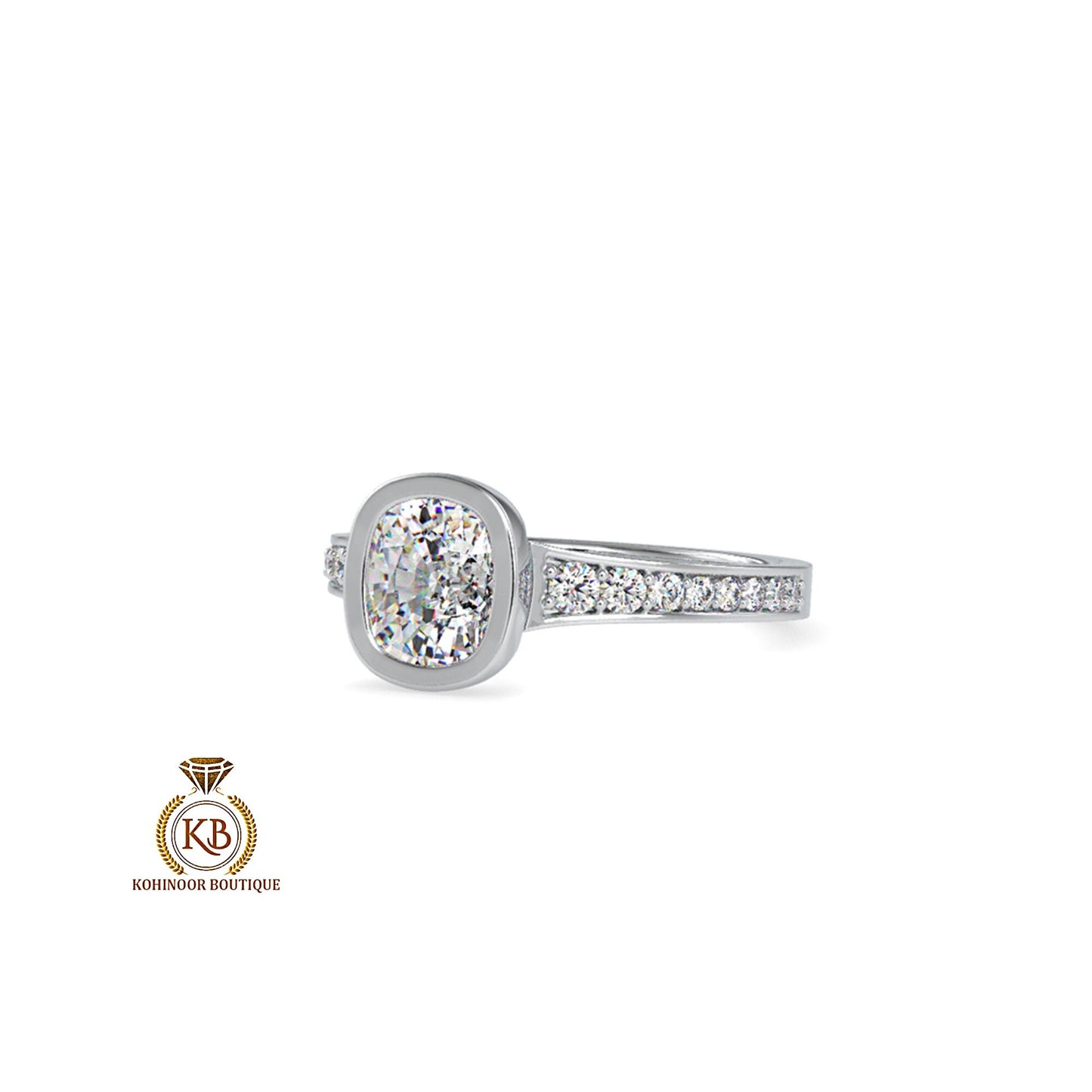 Elongated Cushion Cut Bezel Set Classic Solitaire with open gallery and side pave Moissanite Engagement ring. Ring for her, ring for women.
