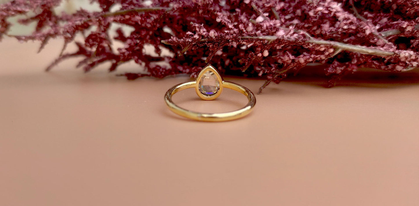 Rose Cut Pear Moissanite Collet set Ring, Georgian cut down set art deco ring, Gift Ring for her, Edwardian ring, Blackened gold ring