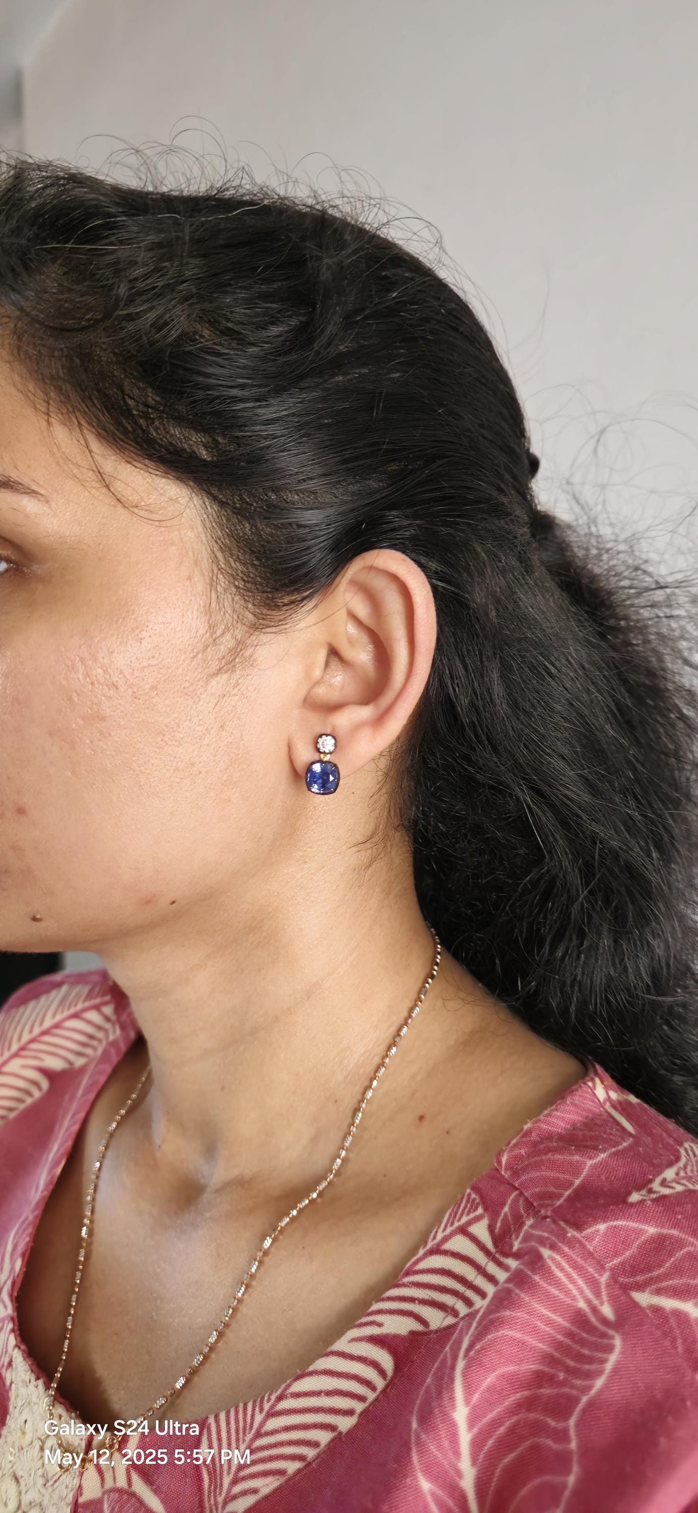 Georgian cut down button back set cushion moissanite and lab grown sapphire earrings, Earrings for women