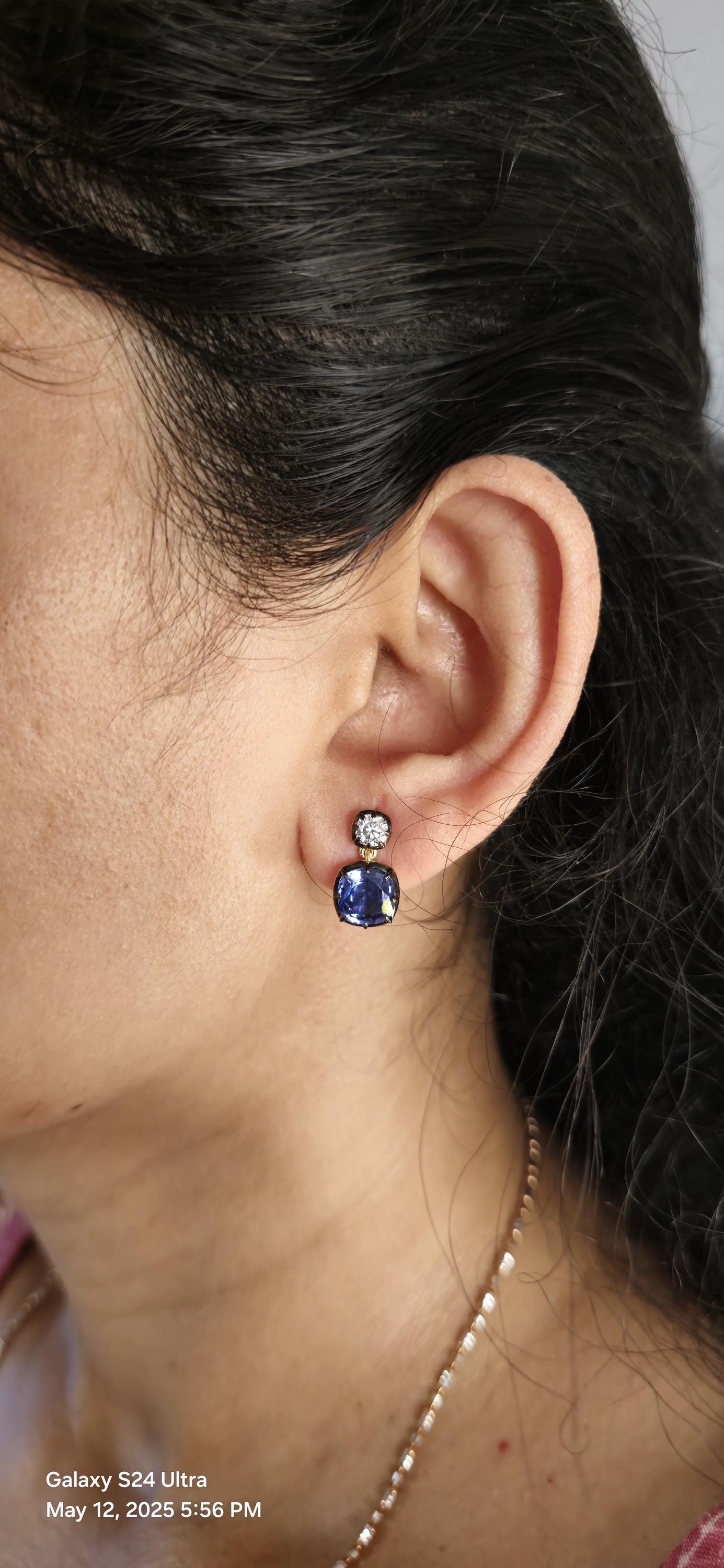 Georgian cut down button back set cushion moissanite and lab grown sapphire earrings, Asymmetrical earrings