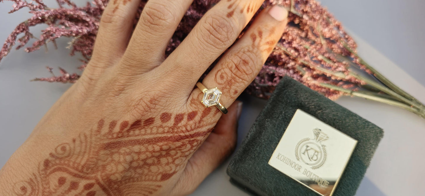 One of a kind Elongated Hexagon shaped Bezel set with Lab grown daimond Solitaire Engagement ring, ring for women, proposal ring