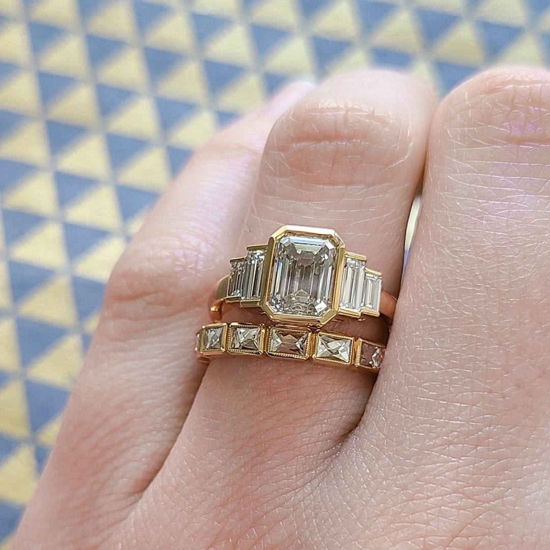 Emerald and Baguette cut 5 stone Moissanite Engagement ring,