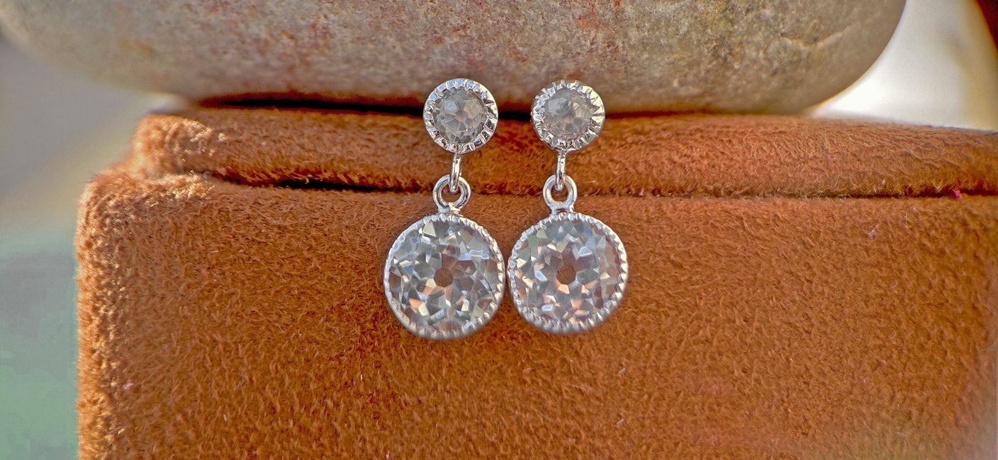 Ready to ship OEC Round Rock Crystal Milgrain Bezel Dangle Drop Earrings for Women, Vintage everyday earrings, Push back\Screw back Earrings