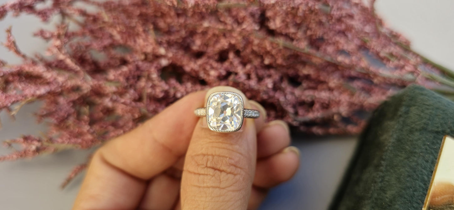 Elongated Old Mine Cushion Cut Bezel set Moissanite Engagement Ring, Tulip Flower basket Vintage Ring