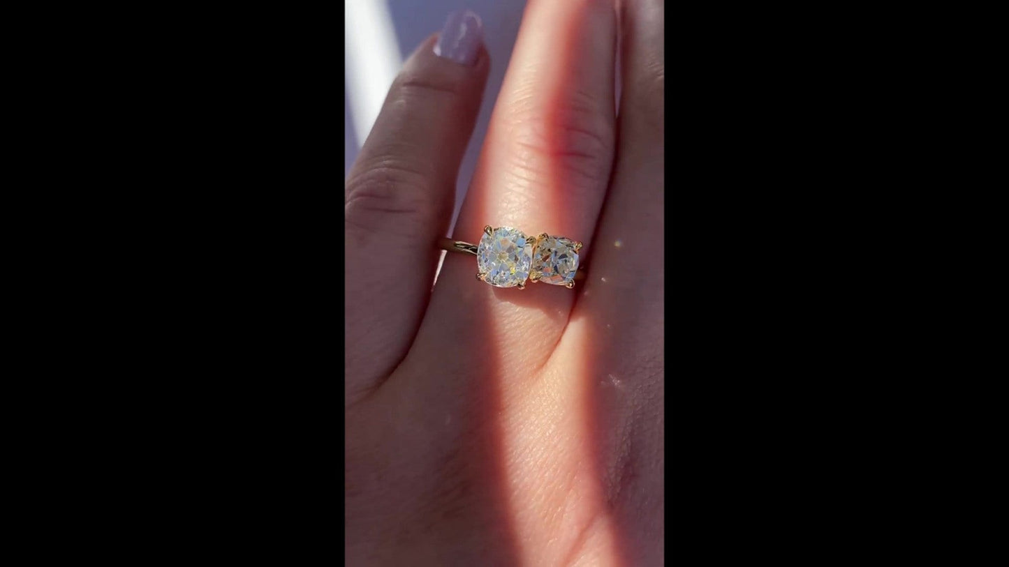 OMC Old mine cushion cut Toi Et Moi Moissanite Two stone Engagement Ring, Old Mine cut right-hand ring, gift for her, Gift for wife
