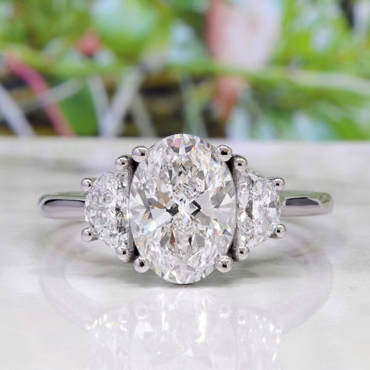 3 Stone Oval & Half Moon Moissanite Engagement ring, ring for her, gift for women, 3 stone engagement ring.