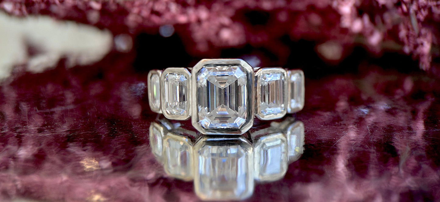 Emerald Cut 5 stone Moissanite Engagement ring, 5 stone anniversary band, ring for her, right hand ring