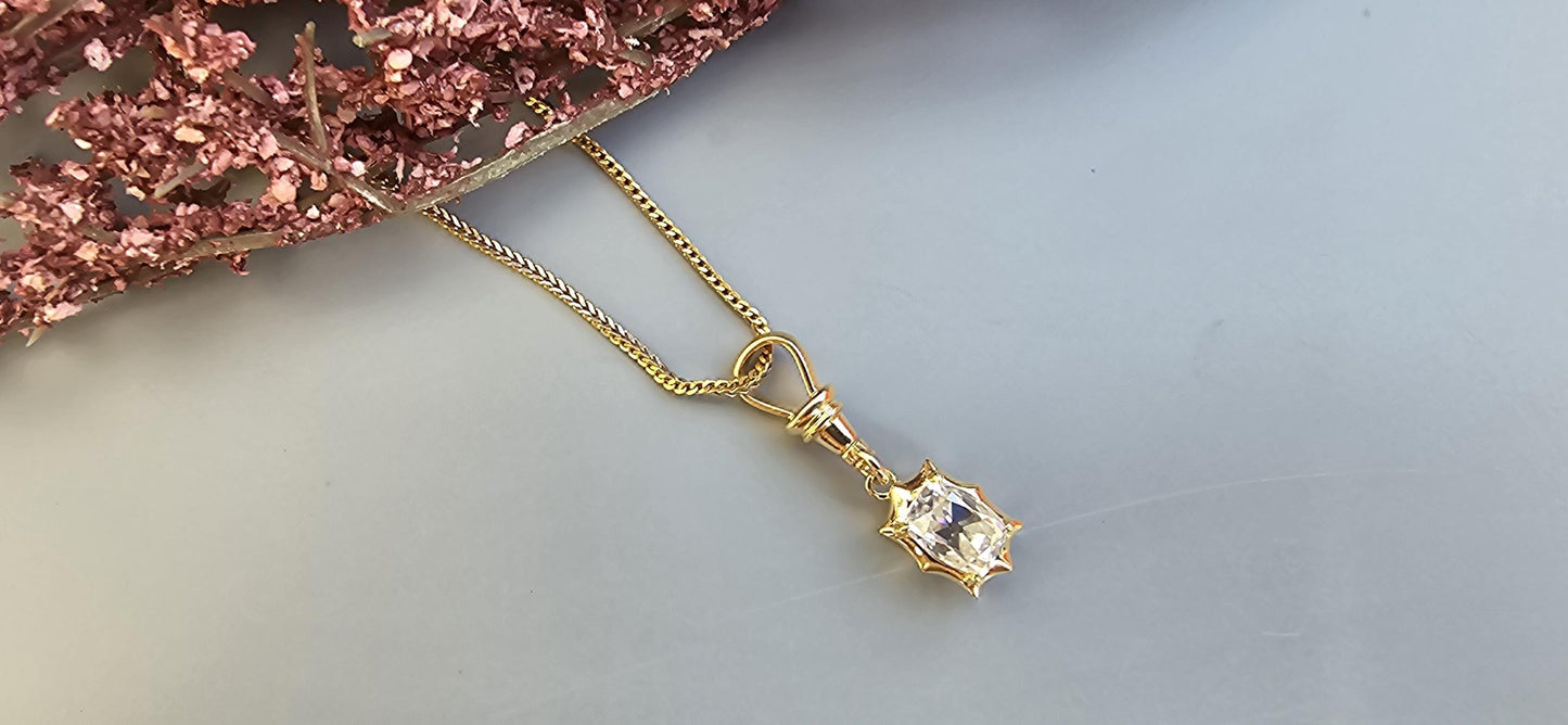 Elongated Old mine cut OMC Cushion Cut Collet Georgian cut down set button back with swivel clasp Moissanite Pendant, pendant without chain