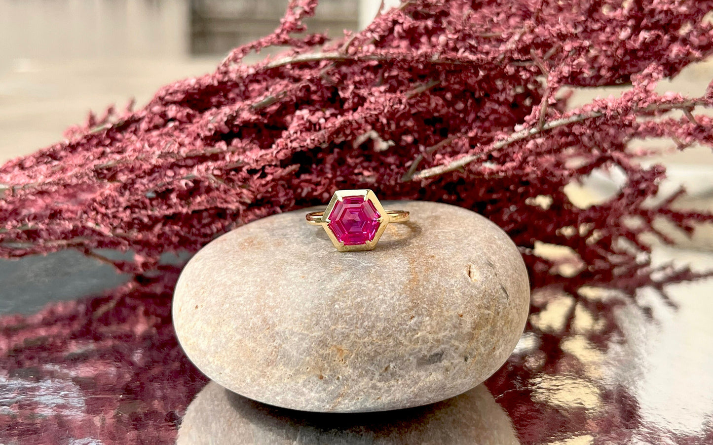 Pink Lab Sapphire Hexagon shaped Bezel set Georgian cut down set Solitaire Engagement ring Promise Ring for Modern Brides, ring for her