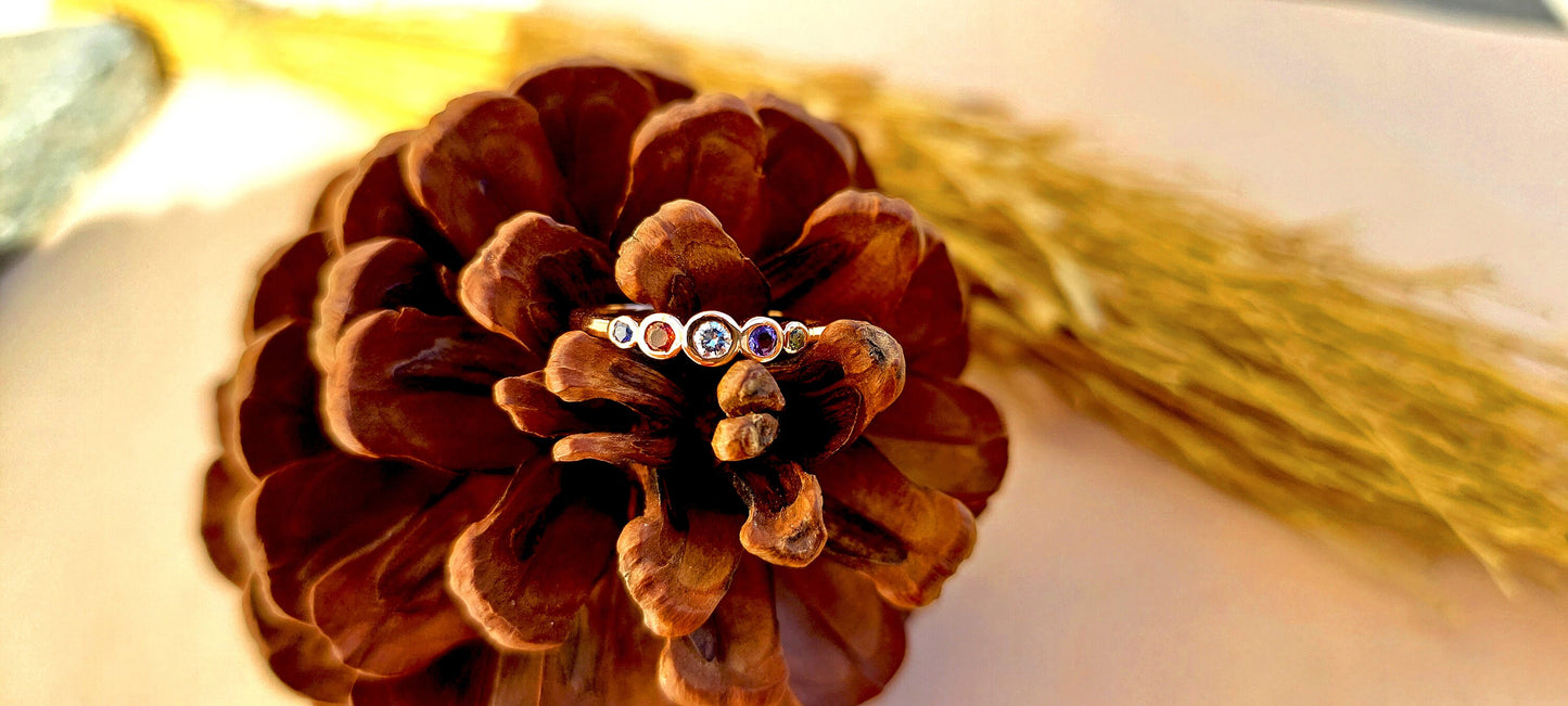 Five gemstone band with center moissanite stone, Promise or Wedding ring alternative, 5 stone Anniversary Band, Minimalist Stackable band