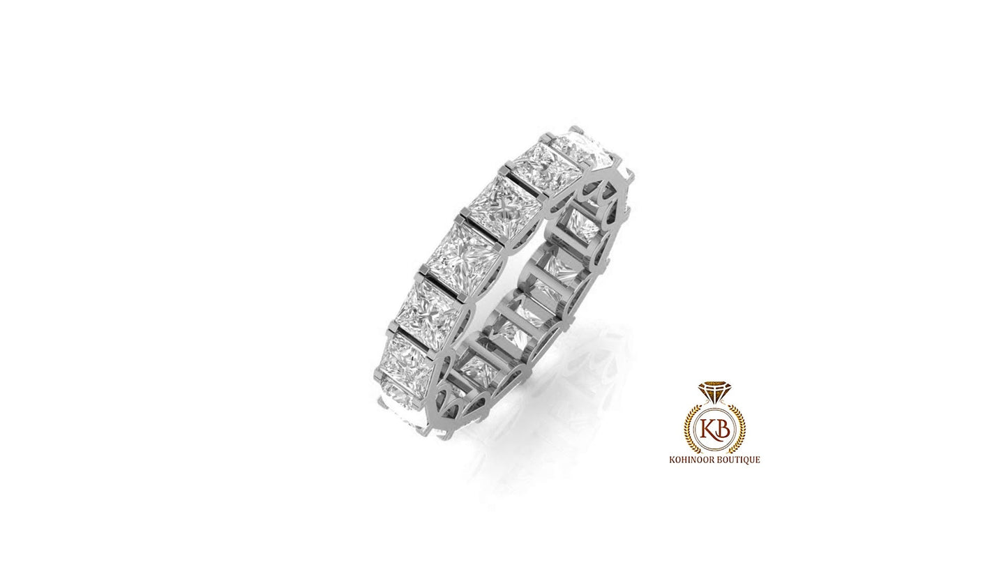 Princess Cut Moissanite Half\Full Eternity Infinity statement wedding band, Bridal stackable ring in White\Yellow\Rose Gold