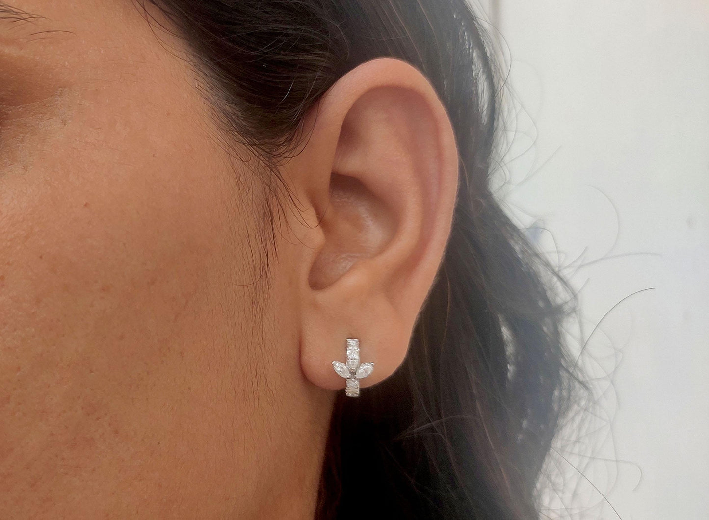 Ready to dispatch Marquise Moissanite Huggies, hoops, delicate everyday earrings for her available in 10k white gold