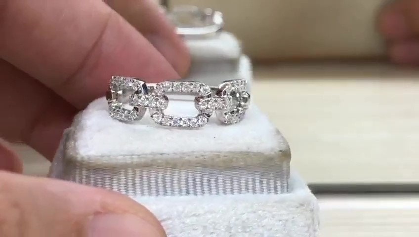 Moissanite Chain Link Ring, Half Eternity Stackable Band, Miami Cuban Curb Band Real Solid Gold, UNISEX Ring, Hip Hop Style, wedding band