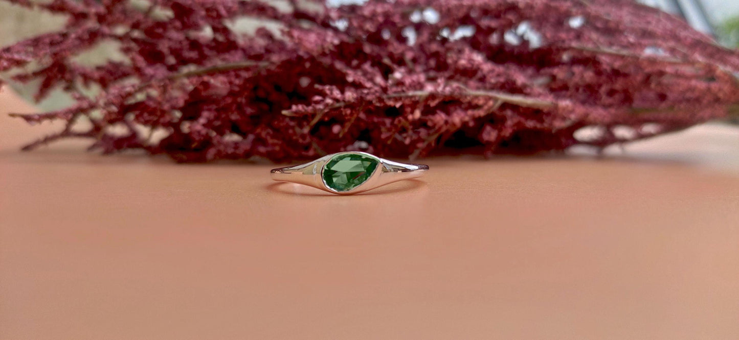 Green Rose Cut Pear Moissanite Signet ring, Gypsy Flush Set engagement proposal ring, Ring for her, low profile set ring, Ring for women