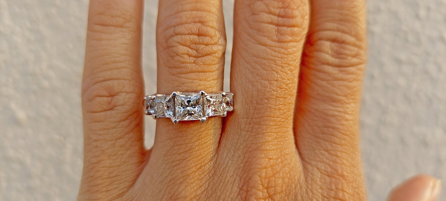 Princess Cut 5 stone Moissanite anniversary ring, 5 stone engagement ring, 5 graduating princess cut ring, ring for women, ring for her
