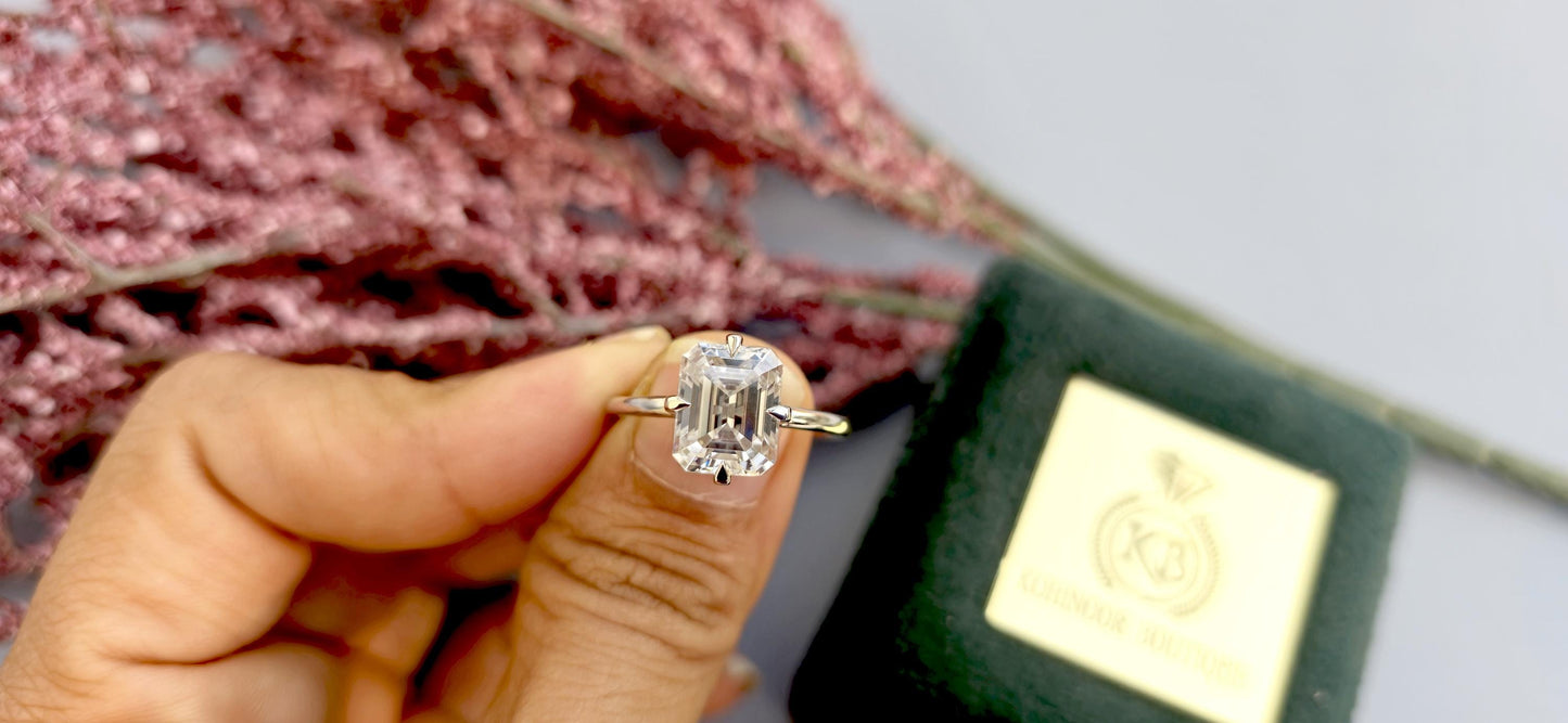 Emerald cut Moissanite Compass prong Basket set solitaire Engagement Ring for women, promise Proposal Ring, ring for her, gift for women